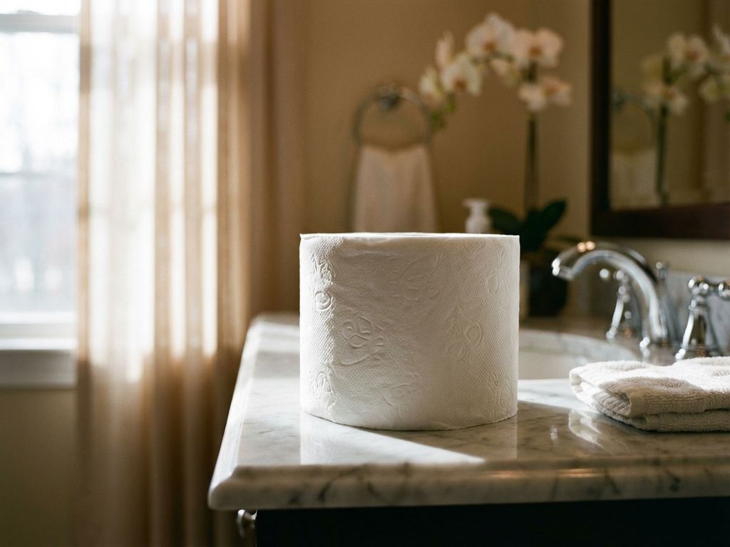 Wit toiletpapier op marmeren wastafel in luxe hotelkamer met chromen armaturen en zachte verlichting