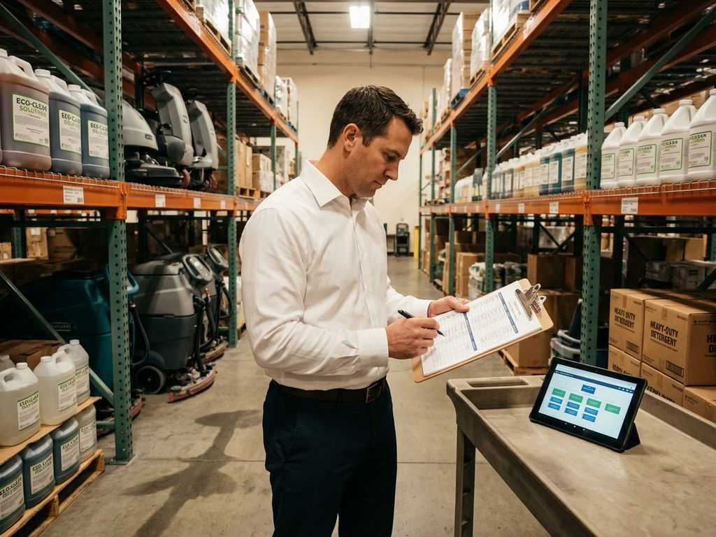 schoonmaak-magazijn-manager-planning-industrieel.jpg Magazijnmanager in wit overhemd bekijkt schoonmaakschema's op klembord tussen georganiseerde schappen met industriële schoonmaakmiddelen