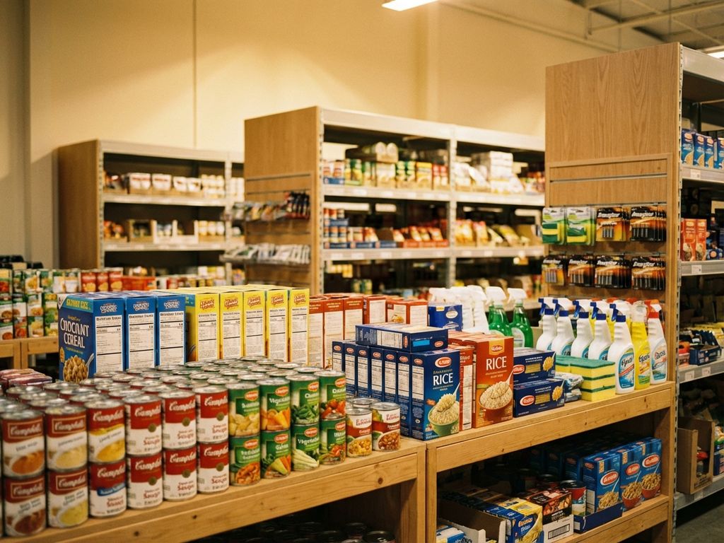 huishoudelijke-producten-voorraadkast-georganiseerd.jpg Georganiseerde magazijnschappen met huishoudelijke producten, ingeblikt voedsel, rijst, pasta, schoonmaakmiddelen en batterijen