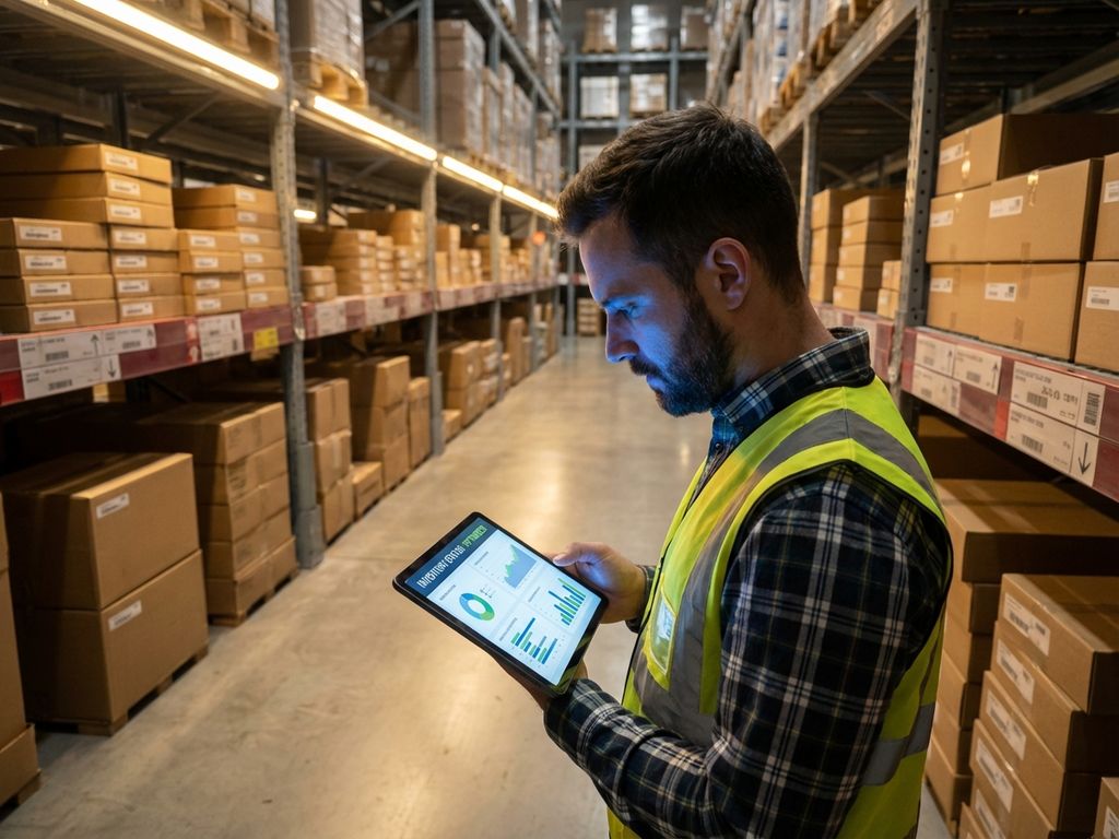 Magazijnmanager bekijkt voorraadgegevens op tablet tussen georganiseerde stellingen met dozen in modern warehouse