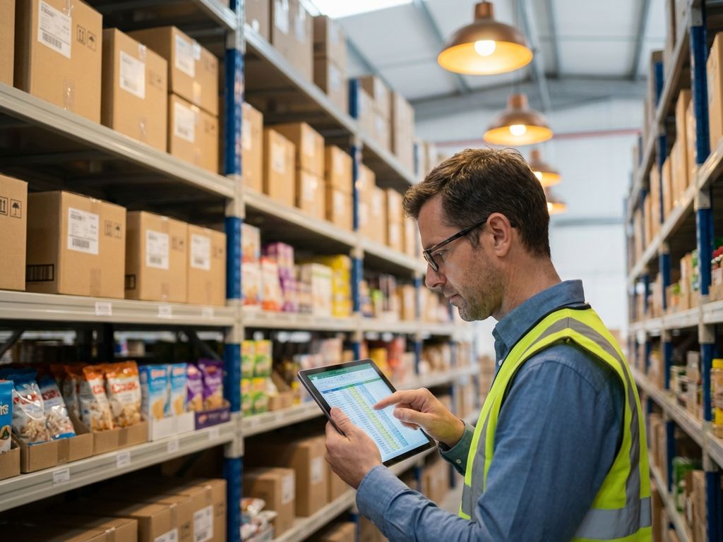 Magazijnmanager bekijkt voorraadgegevens op tablet tussen georganiseerde schappen met producten in modern warehouse