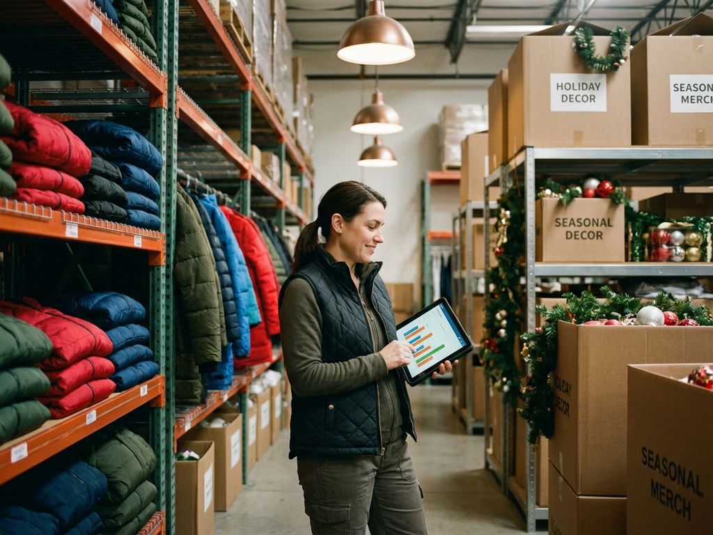 Magazijnmanager met tablet staat voor hoge stellingen vol winterjassen en kerstdecoraties in moderne voorraadruimte