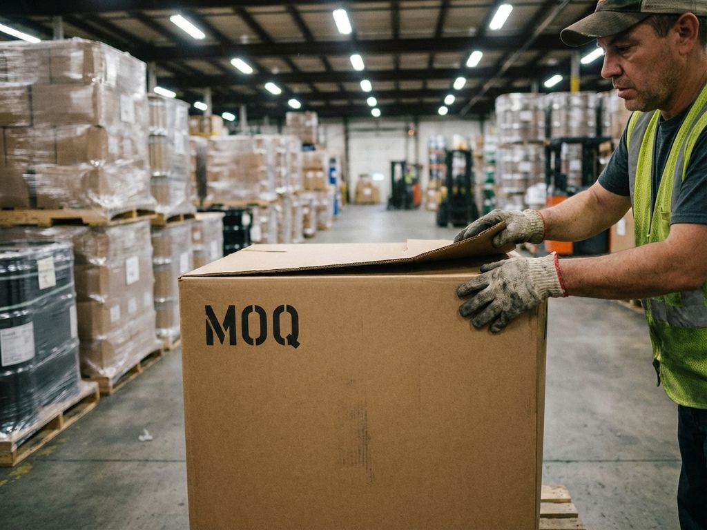 Magazijnmedewerker inspecteert MOQ-gelabelde kartonnen doos tussen hoge stapels voorraad in industrieel warehouse