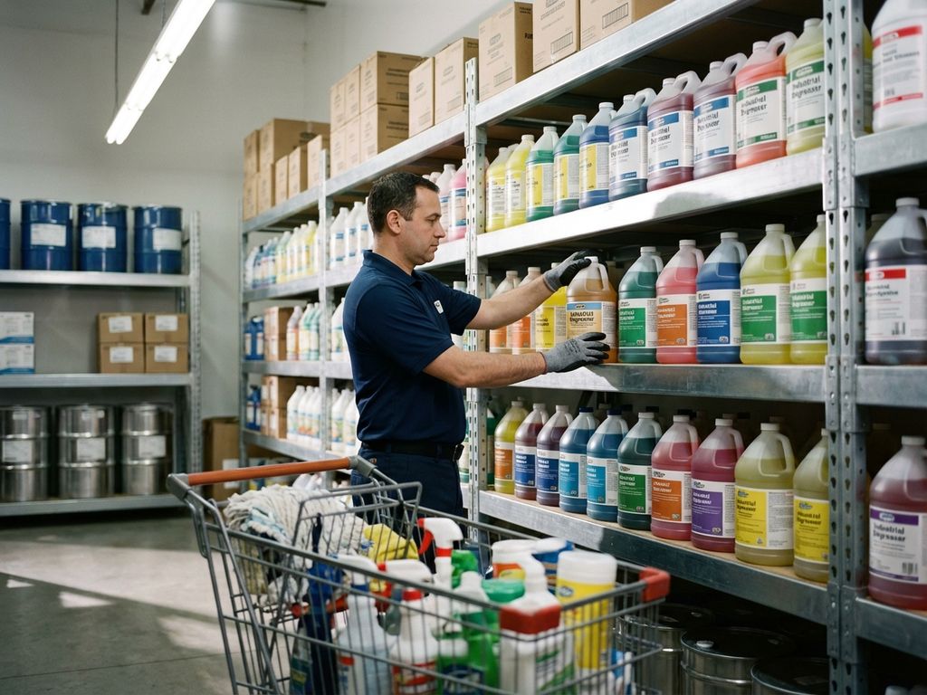 warehouse-worker-cleaning-supplies-selection.jpg Magazijnmedewerker selecteert schoonmaakmiddelen van metalen stellingen met winkelwagen vol producten op voorgrond