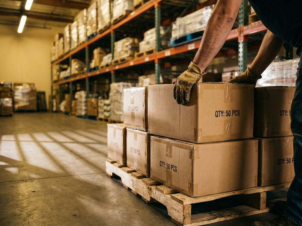 Magazijnmedewerker stapelt kartonnen dozen op houten pallets in groot distributiecentrum met industriële stellingen