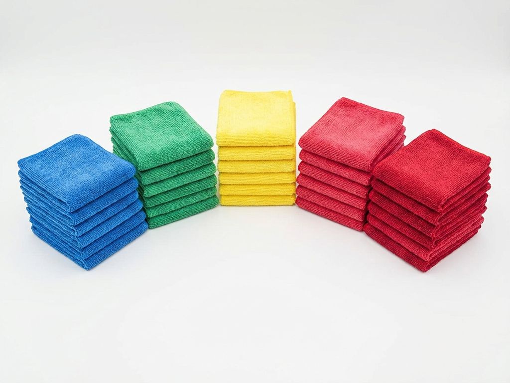 microvezel-doeken-gekleurde-stapels-georganiseerd.jpg Gevouwen microvezeldoeken gerangschikt in kleurrijke stapels van blauw, groen, geel en rood op witte ondergrond