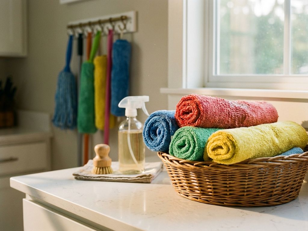 microfiber-mops-keuken-schoonmaak-organisatie.jpg Kleurrijke microfiber dweilen georganiseerd op witte keukentafel en wandrek met schoonmaakmiddelen in ochtendlicht