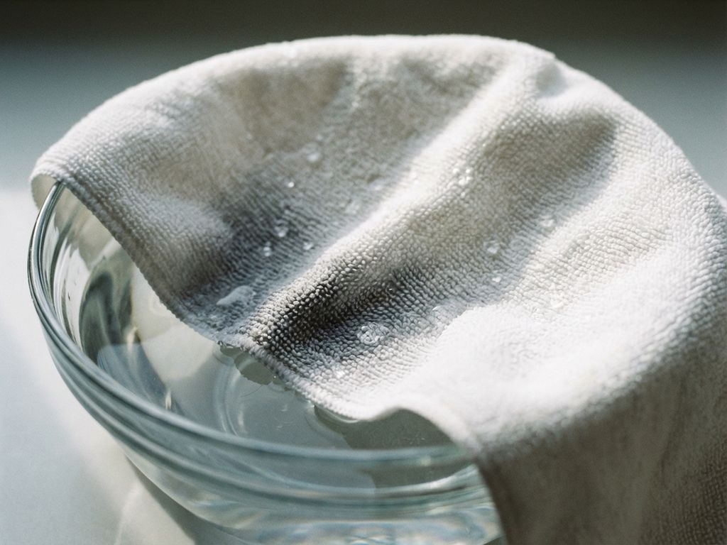 microvezel-doek-water-absorptie-macro-fotografie.jpg Witte microvezeldoek op glazen kom met water, druppels worden geabsorbeerd door de stof in natuurlijk licht