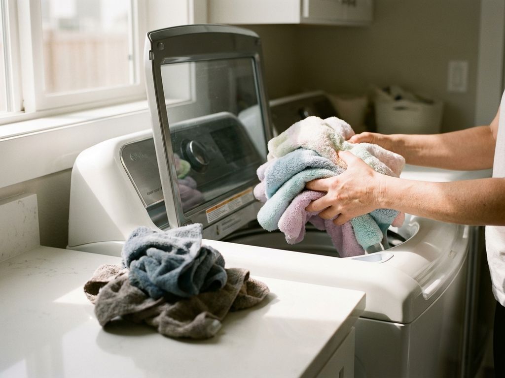 Handen plaatsen schone microvezeldoeken in wasmachine, met gebruikte handdoeken op wit aanrecht in wasruimte