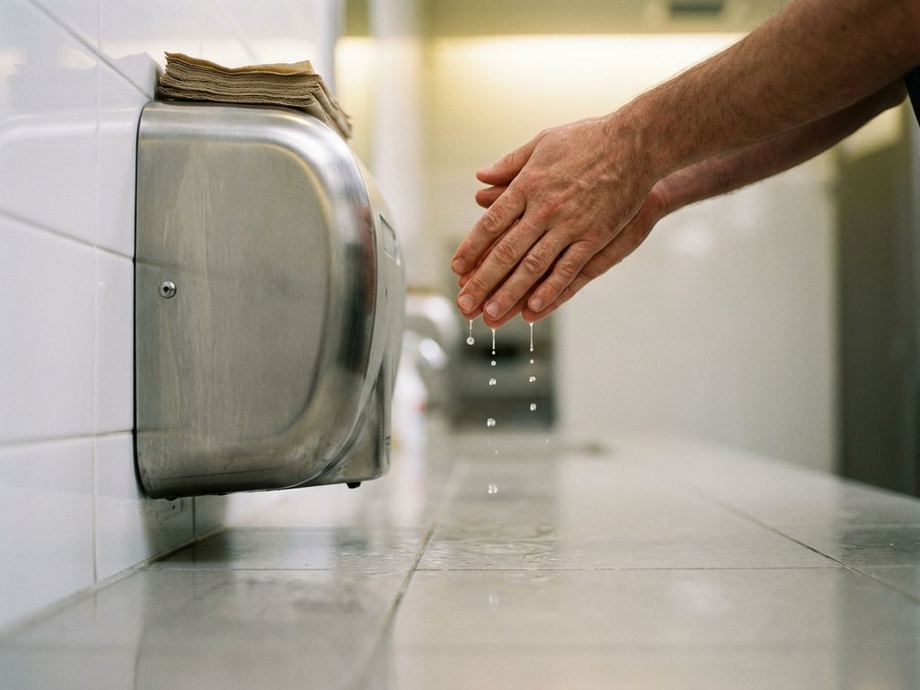 Natte handen boven automatische handdroger in schone badkamer met papieren handdoeken en waterdruppels in de lucht