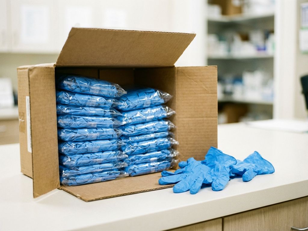 Geopende kartonnen doos gevuld met blauwe nitril wegwerphandschoenen in nette rijen, enkele losse paren ernaast