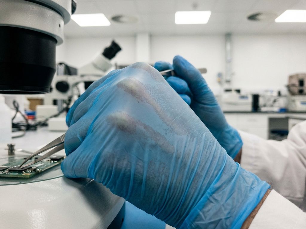 nitrile-handschoenen-dunne-precisie-laboratorium.jpg Ultradunne nitril handschoenen op handen tijdens precisiewerk in laboratorium, transparant materiaal toont huidtextuur