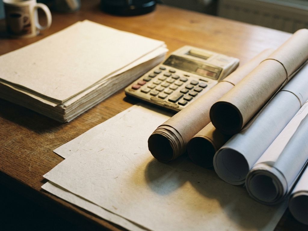 Stapels papier en papierrollen op houten bureau met rekenmachine, kantoorverlichting creëert zachte schaduwen