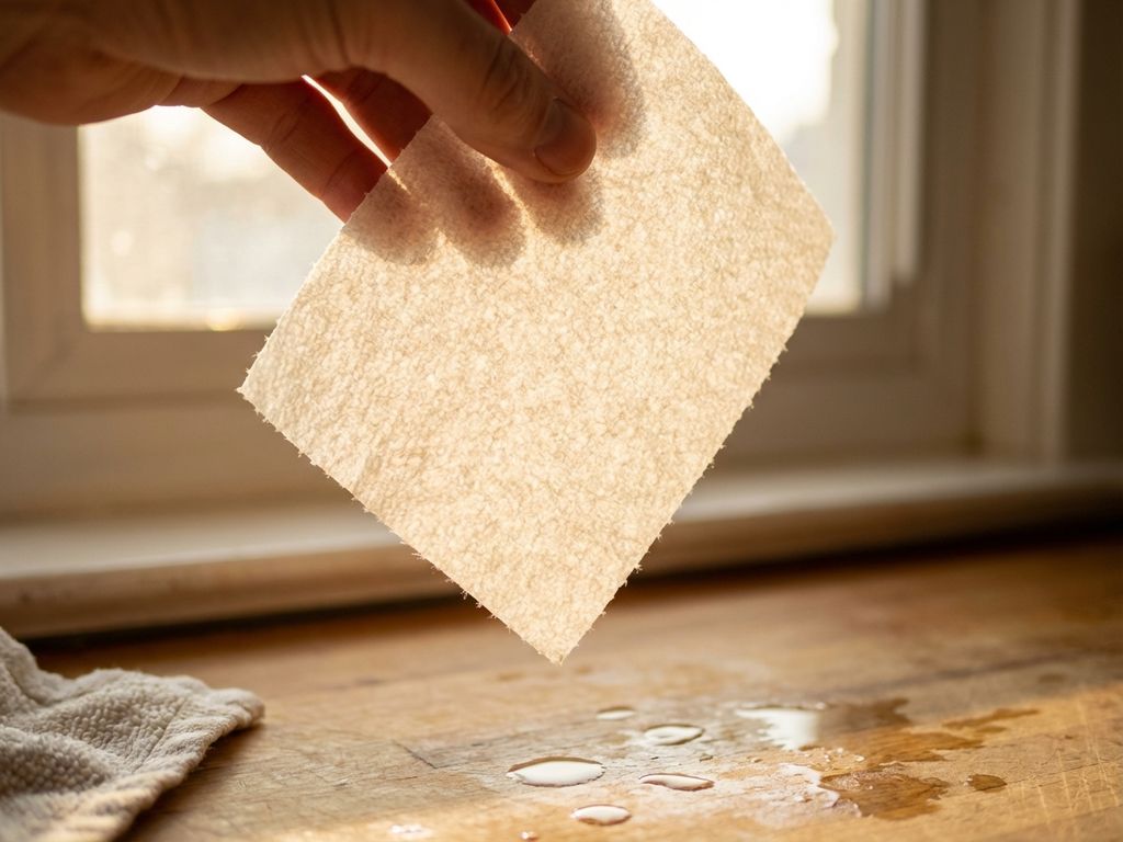 Hand houdt premium keukenrol tegen raamlicht, toont gelaagde textuur en vezels, waterdruppels op aanrecht