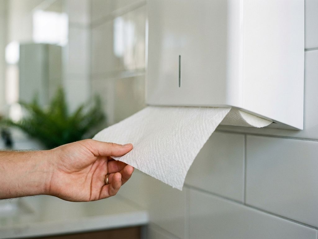 Hand pakt papieren handdoek uit witte wanddispenser in schone badkamer met tegels