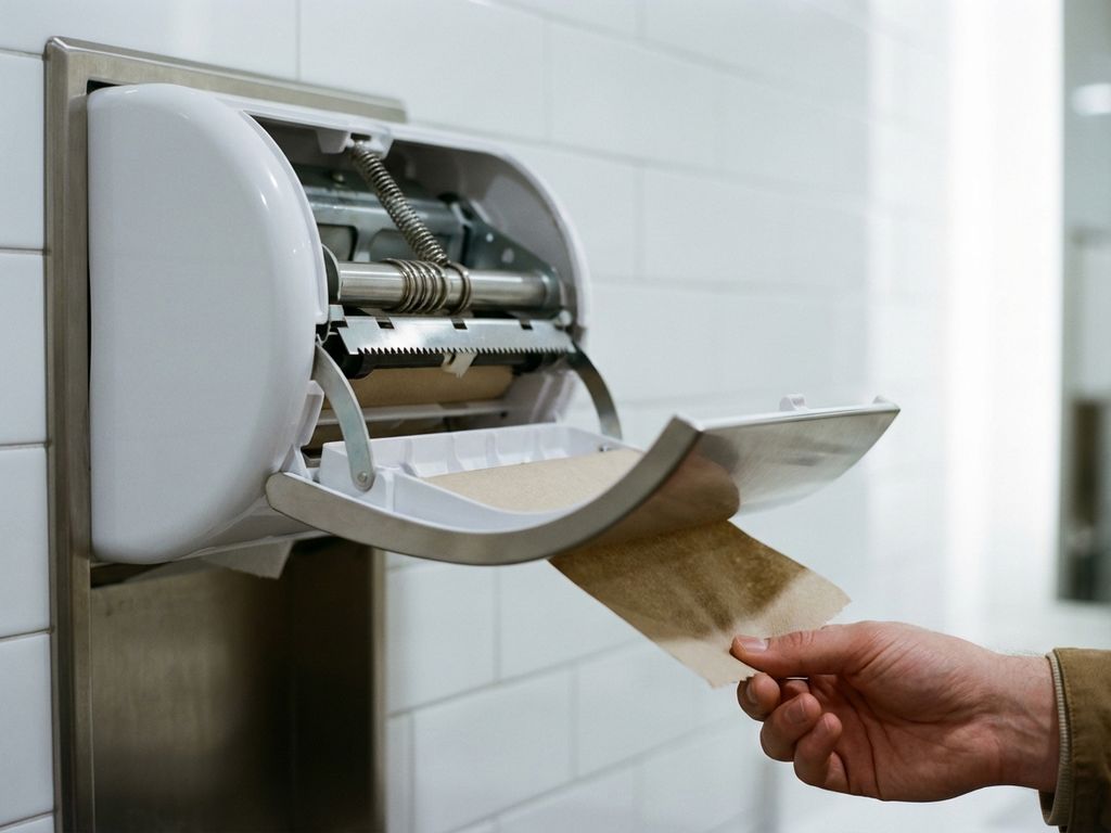 Witte wandgemonteerde papieren handdoekdispenser met open paneel toont interne mechanisme, hand trekt handdoek eruit