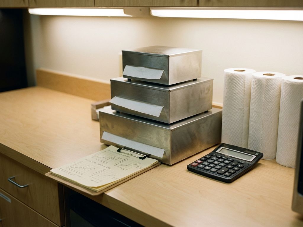 Witte papieren handdoekdispensers gestapeld op schone kantoorpauzeruimte aanrecht met rekenmachine en klembord
