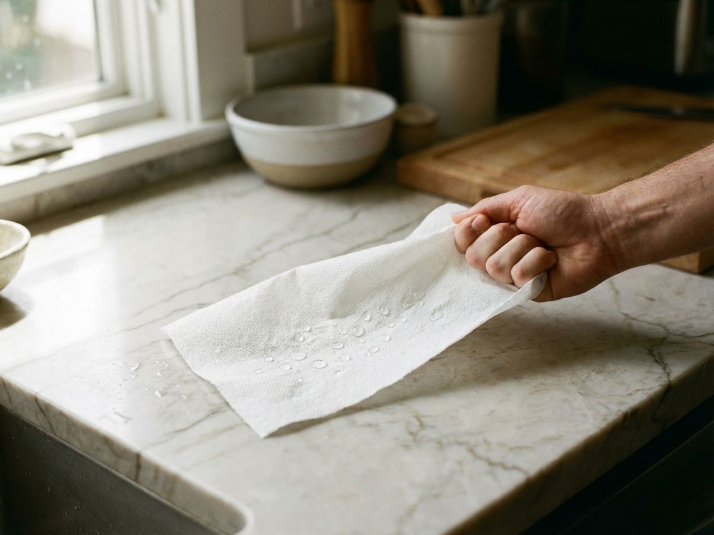 Hand die een papieren handdoek strak trekt tijdens sterkte test, waterdruppels op oppervlak, keukenblad achtergrond