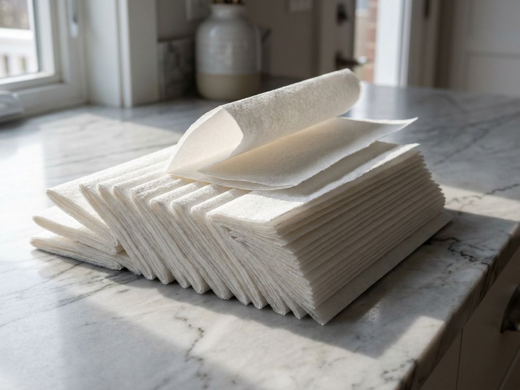 Stapel witte C-vouw papieren handdoeken op marmeren aanrecht, één handdoek gedeeltelijk ontvouwen