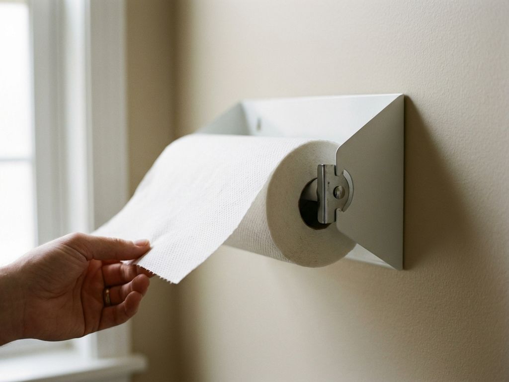 Witte papieren handdoekdispenser aan badkamermuur met hand die vel papier pakt, natuurlijk licht