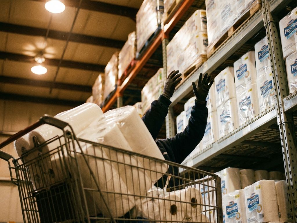Magazijnmedewerker pakt papieren handdoeken van hoge planken, winkelwagen vol bulkrollen op voorgrond