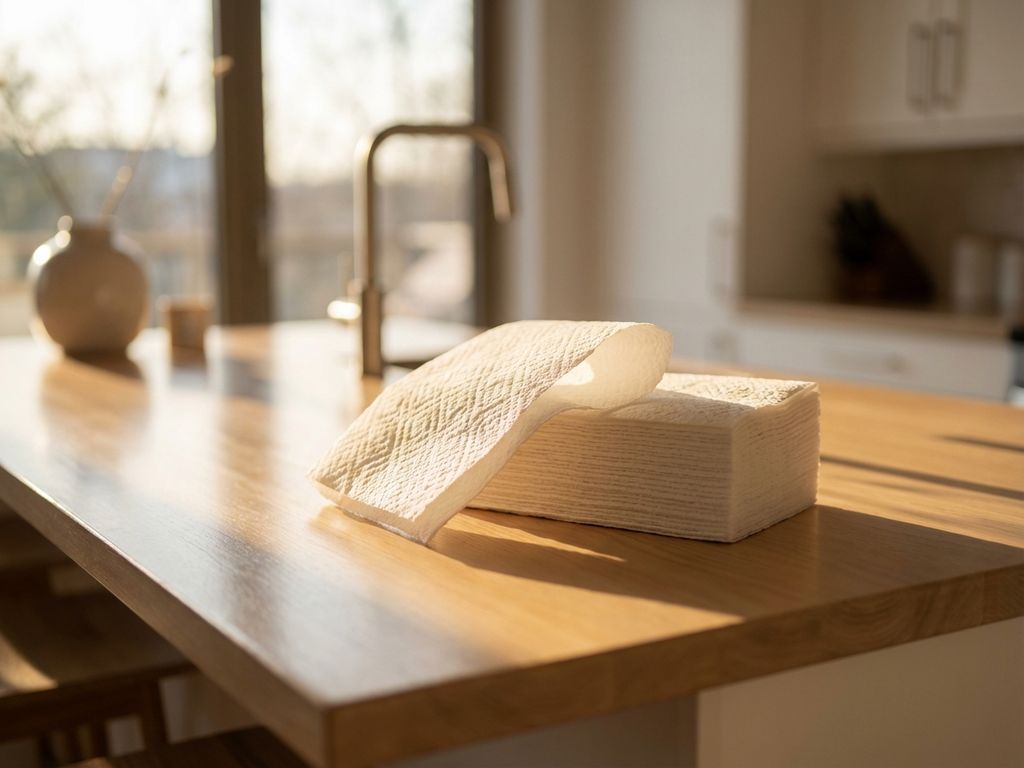 Stapel witte keukenpapier op moderne aanrecht met gedeeltelijk uitgevouwen doek in natuurlijk licht