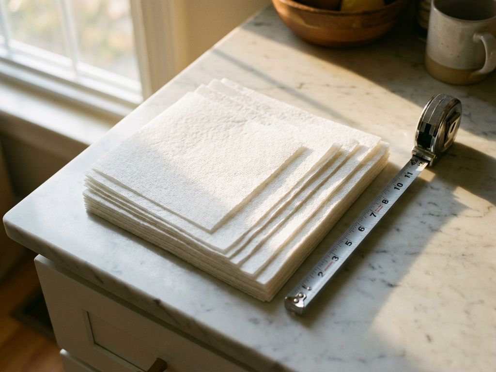 Stapel witte keukenhanddoeken in verschillende formaten op marmeren aanrecht met meetlint, natuurlijk licht