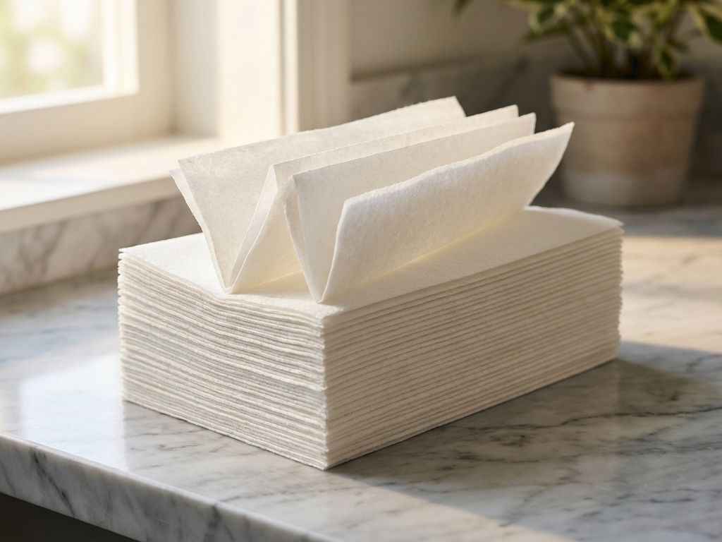 Stapel gevouwen witte papieren handdoeken op marmeren aanrecht met natuurlijk licht, één handdoek gedeeltelijk ontvouwen