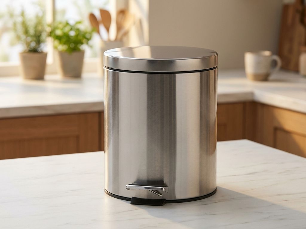 Moderne roestvrijstalen pedaalemmer met dichtgaand deksel op marmeren aanrecht in verlichte keuken