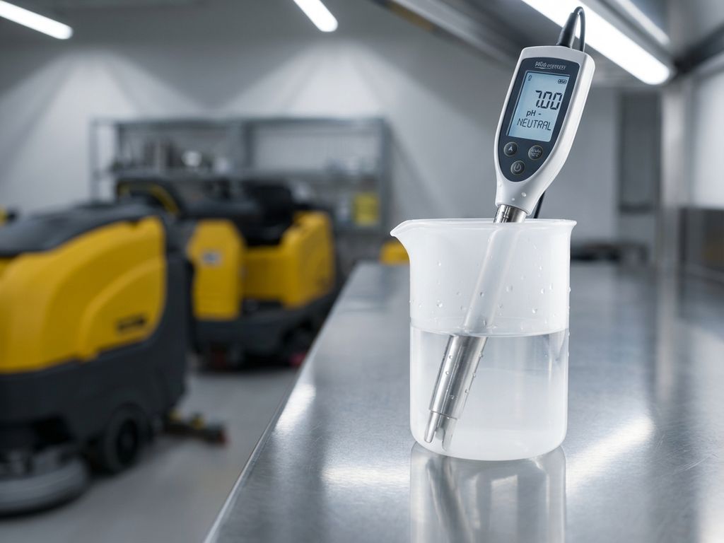 Digitale pH-meter in laboratoriumbekerglas met schoonmaakvloeistof op roestvrijstalen werkblad