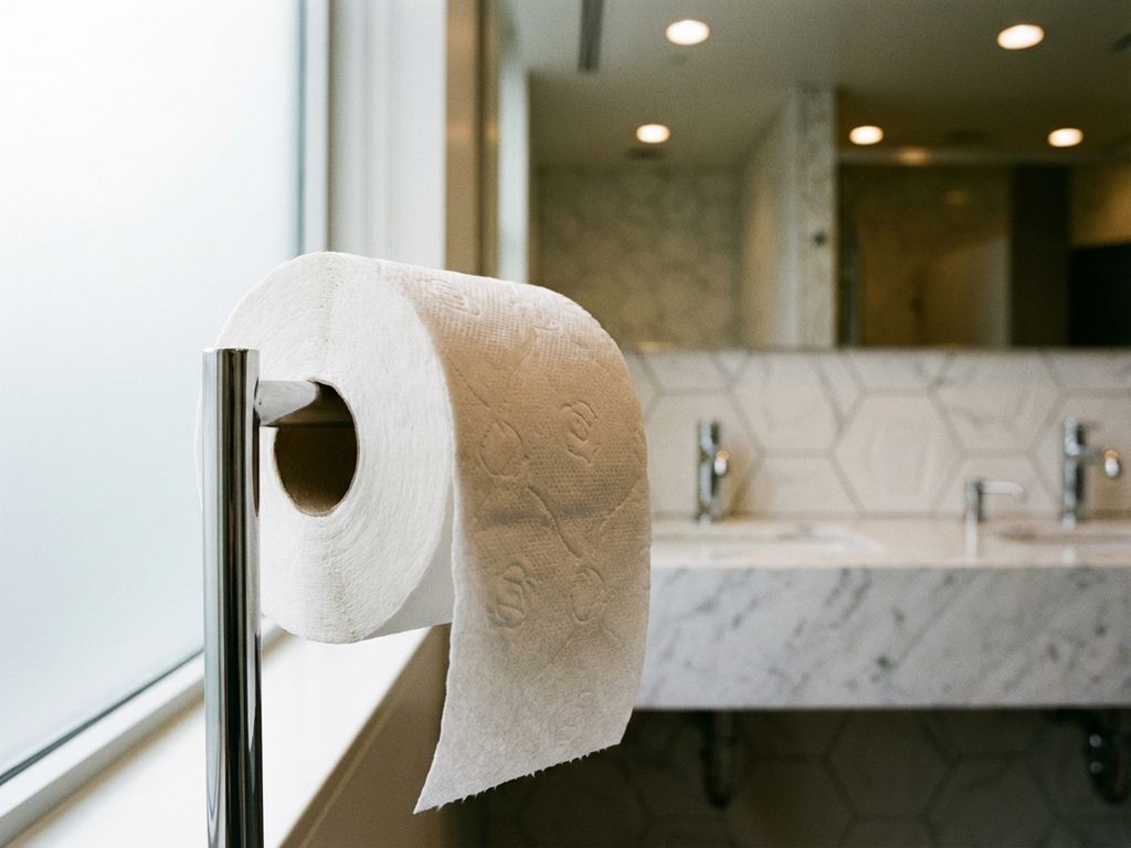 Luxe toiletpapier op chromen dispenser in moderne kantoor badkamer met marmeren aanrecht en geometrische tegels