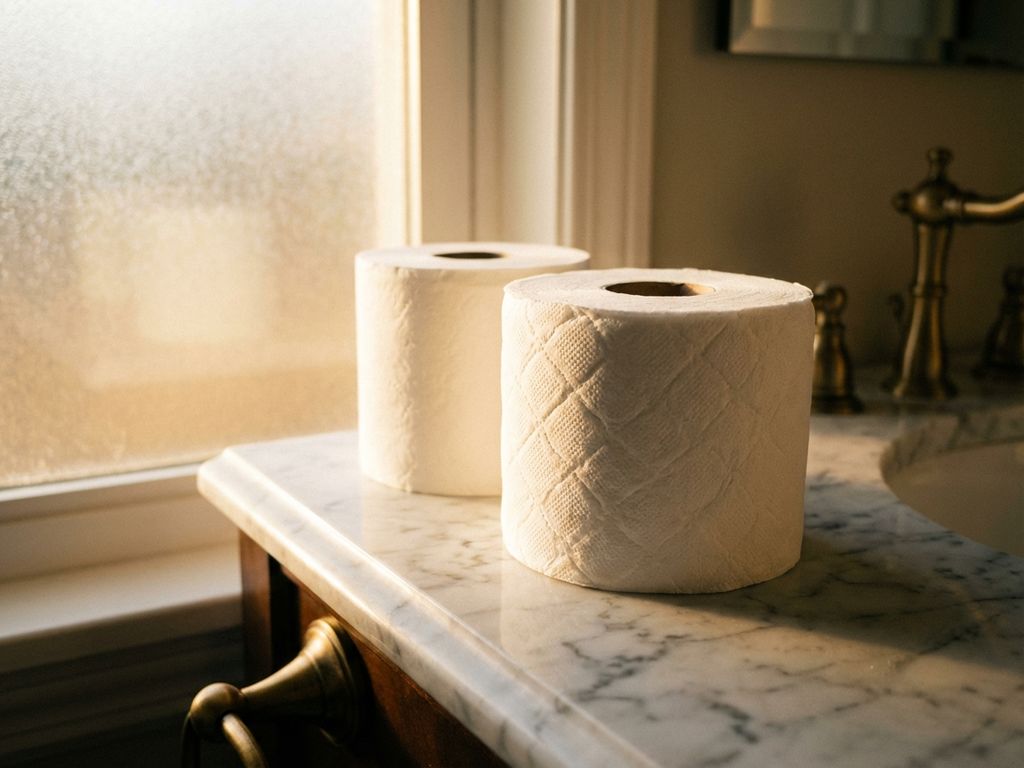 Luxe toiletpapier met gewatteerde textuur op marmeren badkamerblad, vergelijking met dunne rol op achtergrond