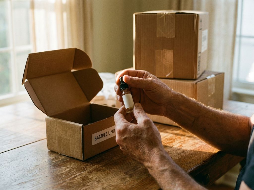 Handen onderzoeken productmonster uit open verzendbox met gestapelde dozen op houten tafel bij raamlicht