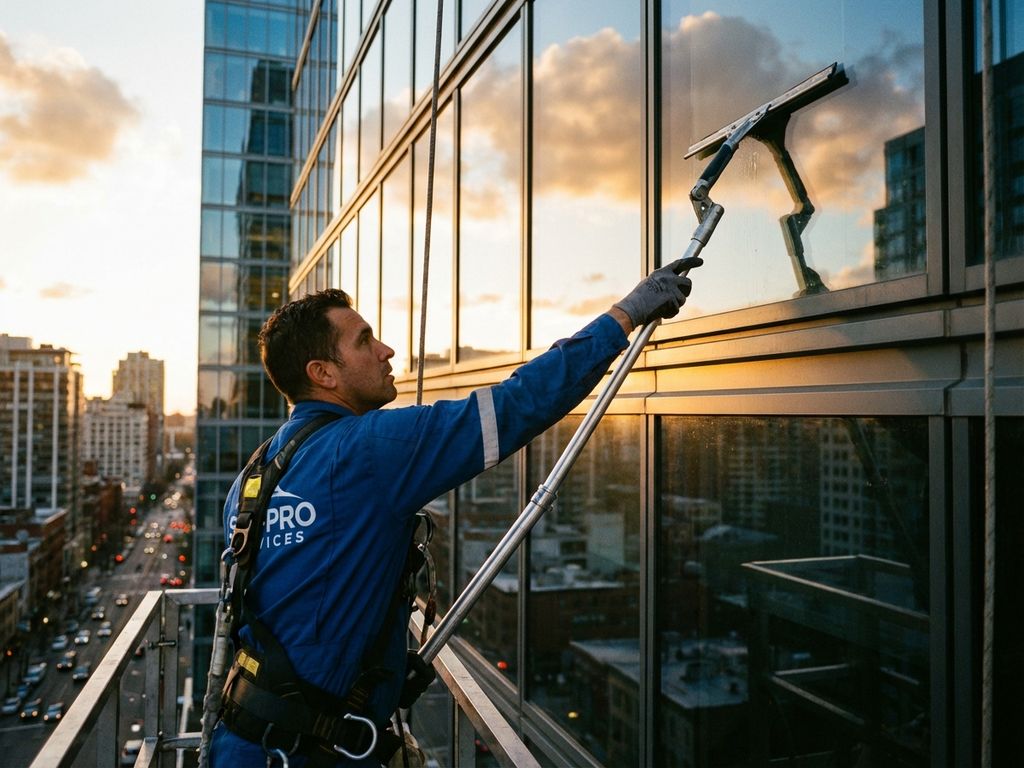 Professionele glazenwasser in uniform reinigt hoge glazen kantoorgebouw met squeegee tijdens gouden uur