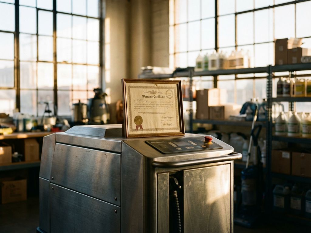 Professionele schoonmaakmachine met garantiecertificaat in georganiseerd magazijn met schoonmaakproducten op rekken