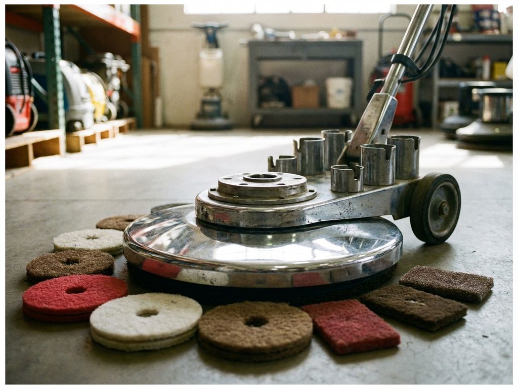 Professionele vloerreiniging machine met verschillende reinigingspads en houders op industriële vloer in magazijn