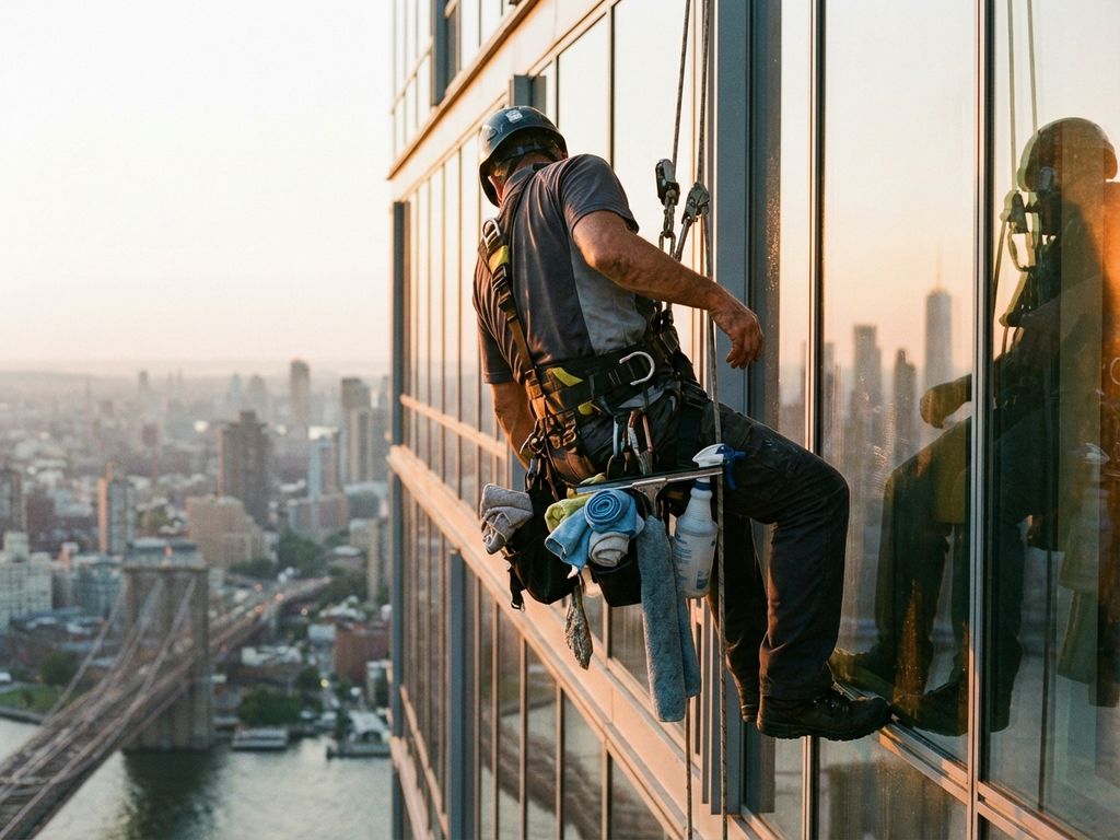 professionele-ramenreiniger-wolkenkrabber-veiligheid.jpg Professionele glazenwasser in veiligheidsharnas reinigt gevel van moderne wolkenkrabber met gespecialiseerde doeken