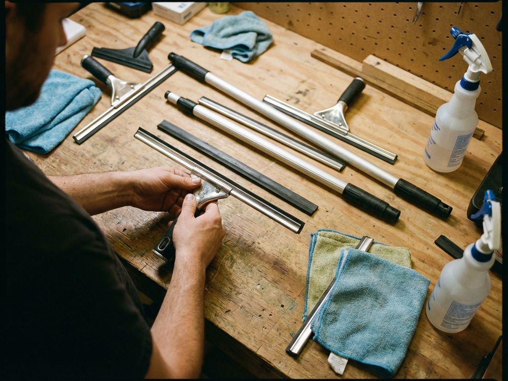 Handen assembleren raamreiniging set op werkbank met wisser, rubberen bladen, verlengstokken en microvezeldoeken
