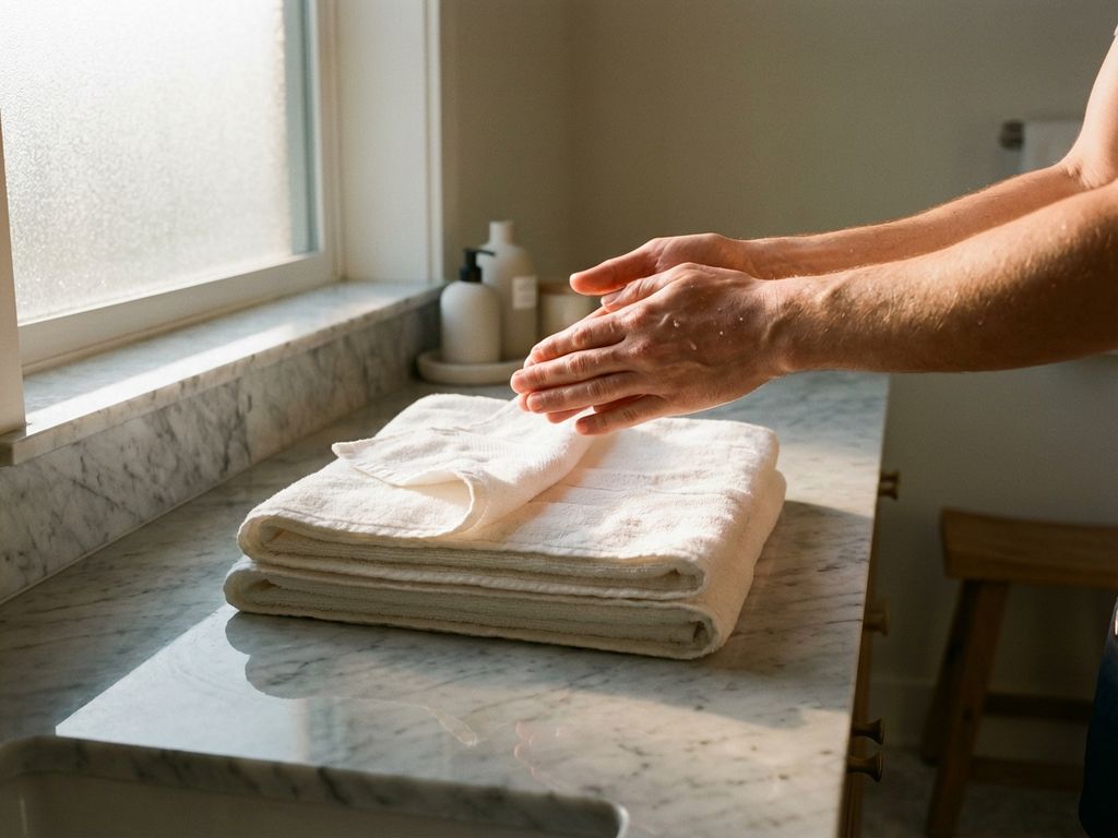 Schone handen boven stapel witte handdoeken op marmeren badkamertafel, zachte natuurlijke lichtinval