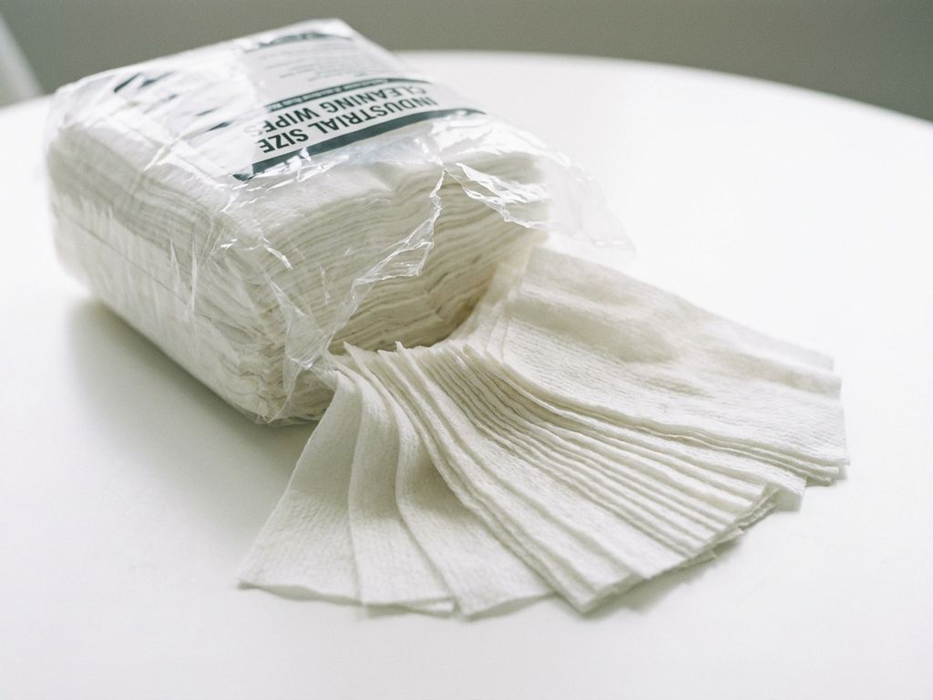 Grote transparante verpakking schoonmaakdoekjes die openscheurt met witte doekjes die eruit vallen op witte achtergrond