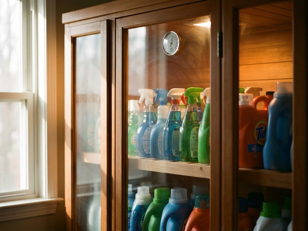 schoonmaakmiddelen-opslag-kast-organisatie.jpg Glazen opbergkast met netjes georganiseerde schoonmaakmiddelen op houten planken, thermometer en natuurlijk licht