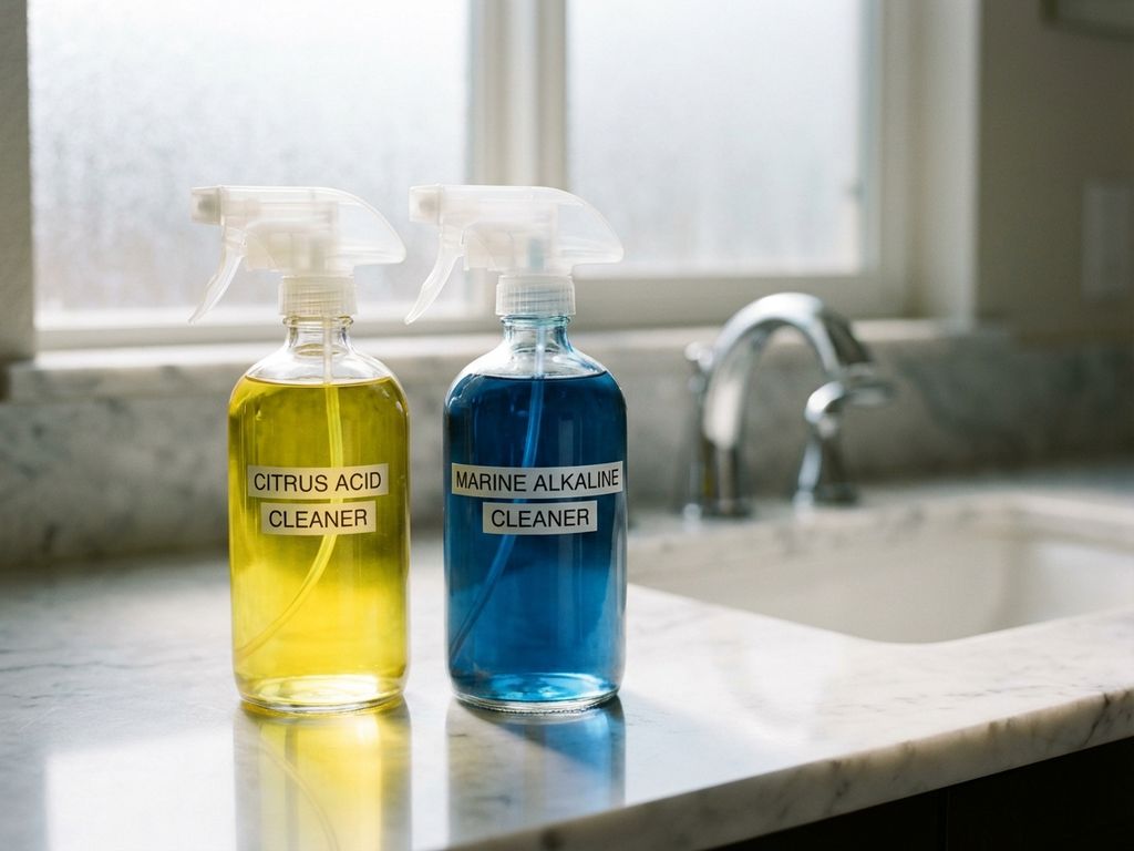 Twee doorzichtige sprayflessen met gele en blauwe schoonmaakmiddelen op witte marmeren badkamertafel