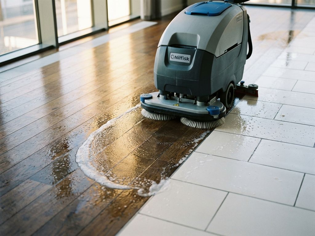 Professionele schrobzuigmachine op parketvloer met keramische tegels, nat oppervlak met waterdruppels na reiniging
