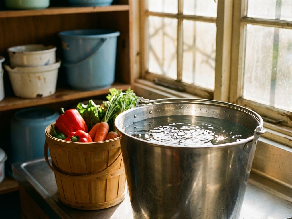 Roestvrijstalen emmer met water op houten aanrecht naast bamboe groentebak, keukengerei in natuurlijk licht