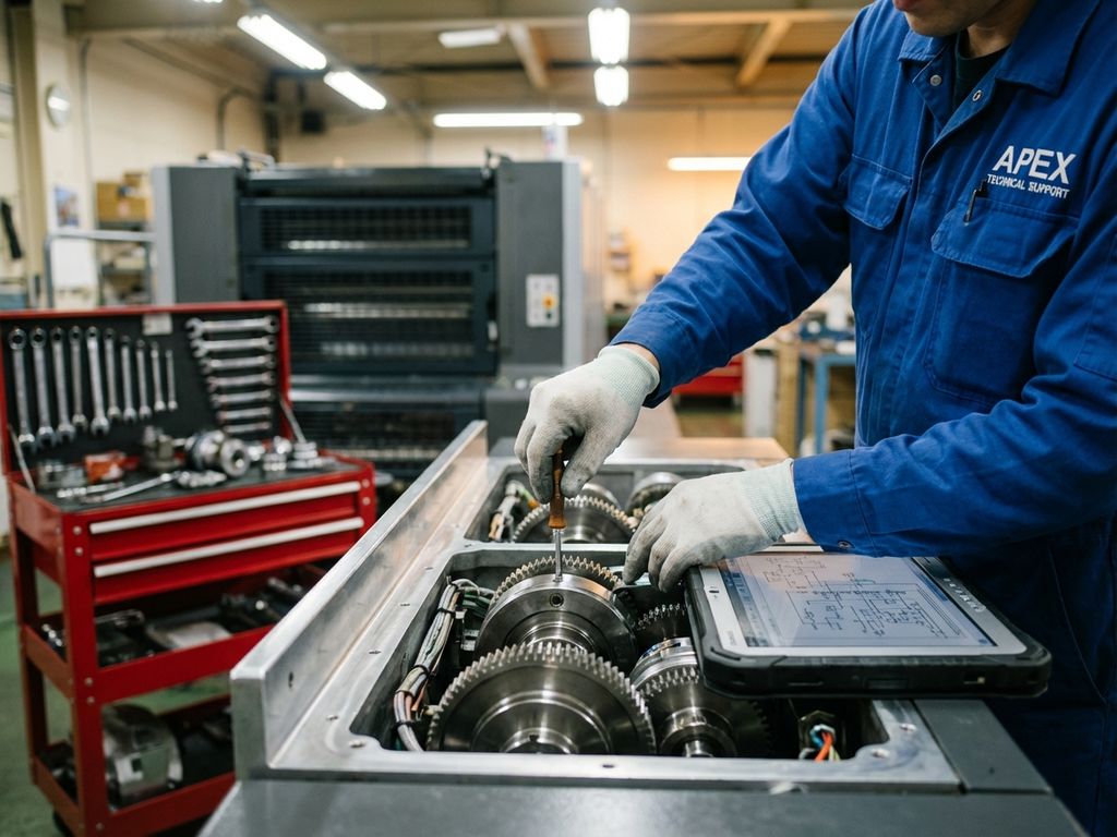 industriele-machine-onderhoud-technicus-reparatie.jpg Technicus in uniform past industriële machine aan met precisietools, tablet met technische schema's en gereedschapswagen