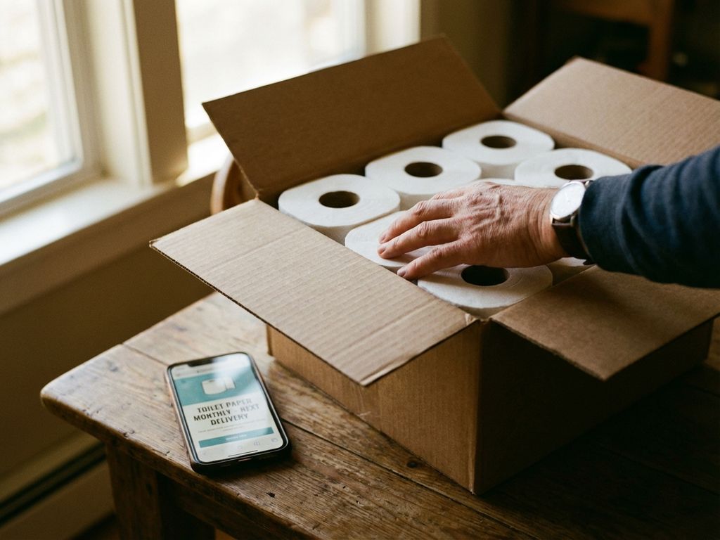 Hand die wc-papier uit een bezorgdoos haalt, met smartphone met abonnement-app op houten tafel