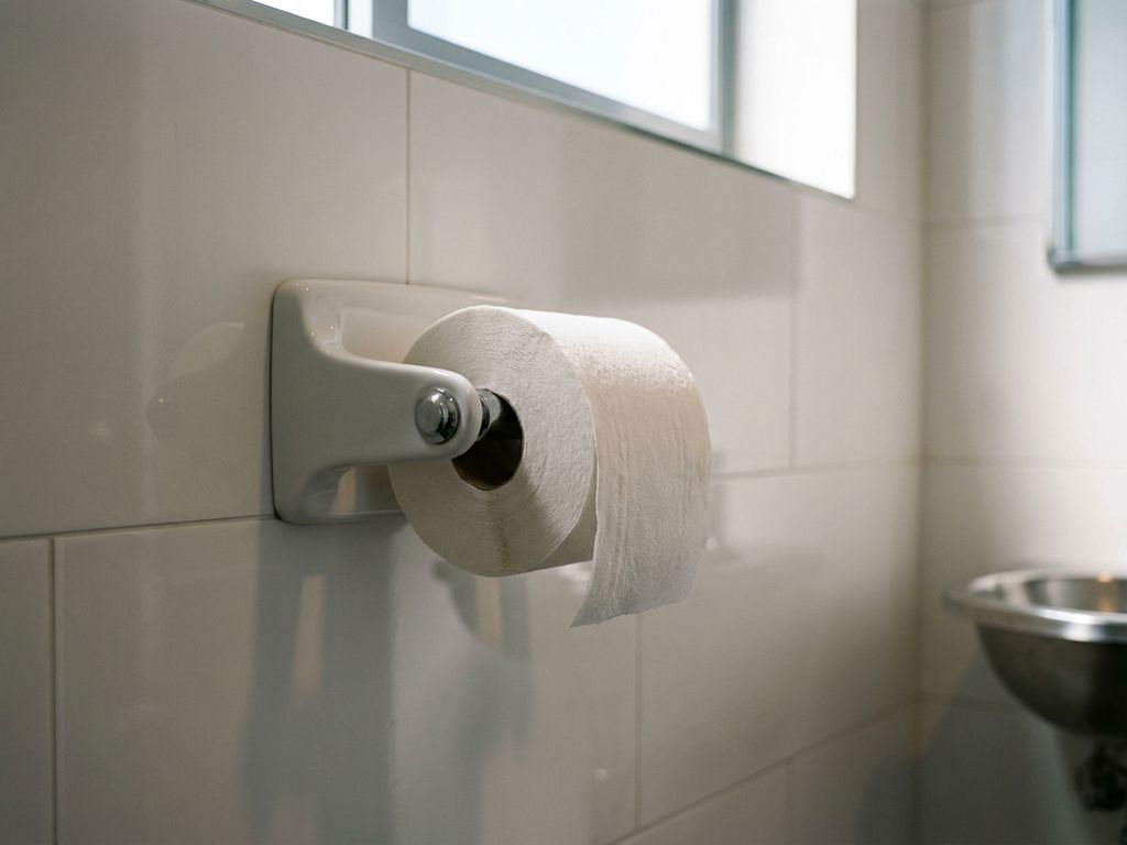 Witte porseleinen toiletpapier dispenser gemonteerd op betegelde muur in professionele sanitaire ruimte