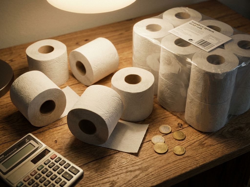 Twee soorten toiletpapier rollen op houten bureau met rekenmachine en euro munten voor kostenvergelijking