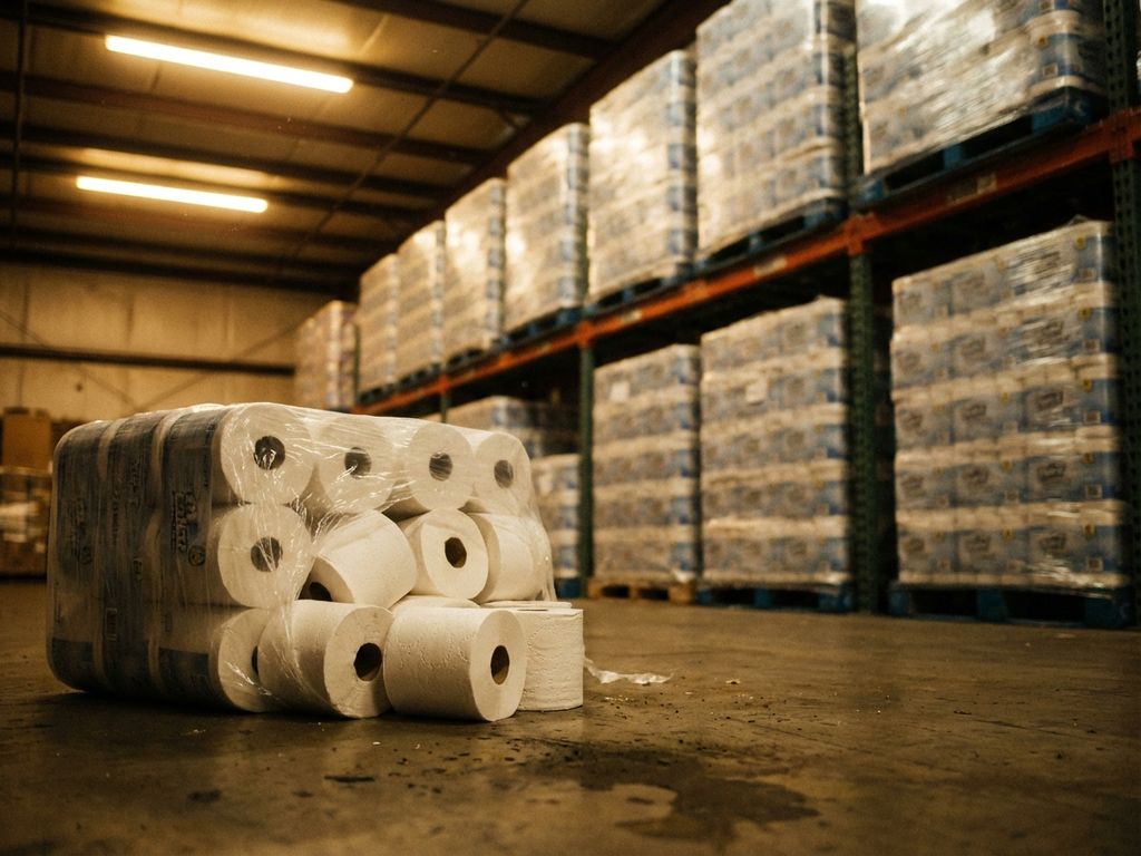 Magazijnstelling vol industriële toiletpapier verpakkingen met geopende doos en uitgevallen rollen op betonvloer