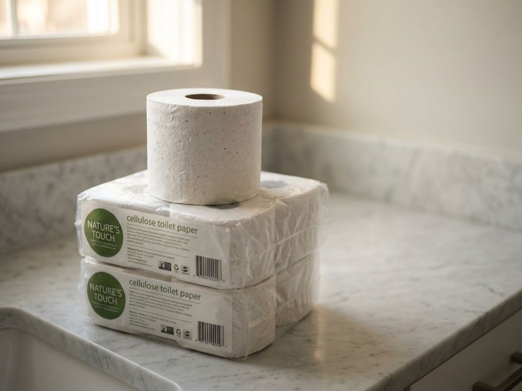 Witte toiletpapierrol van gerecyclede vezels op stapel verpakkingen op marmeren badkamerblad met natuurlijk licht